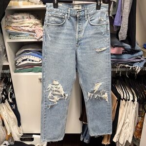 Agolde Light Blue Distressed Straight Leg Jeans